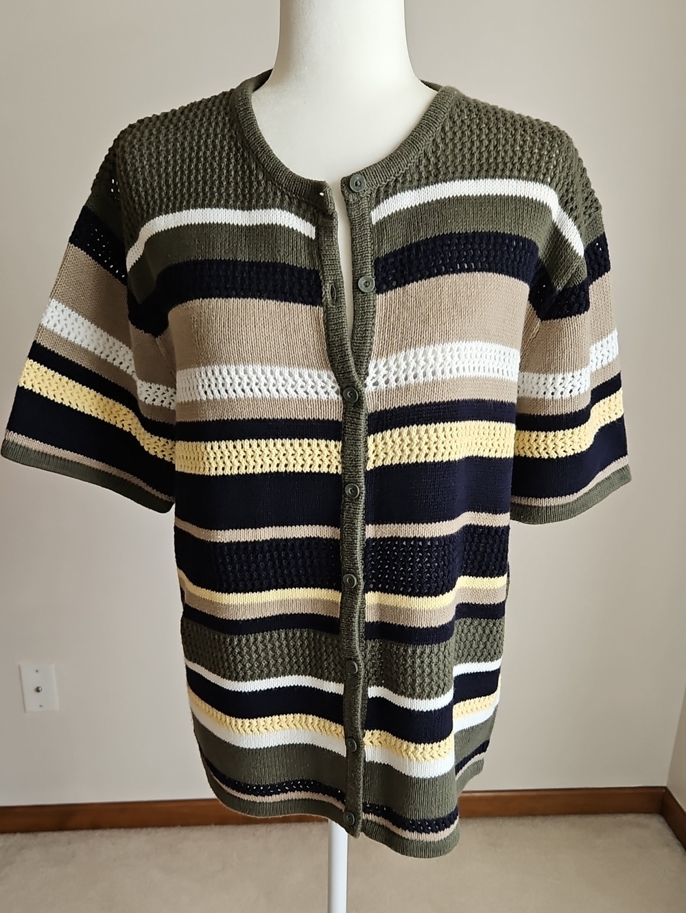 Christopher & Banks Crochet Knit Button Cardigan Stripe XL Green Black Short Slv